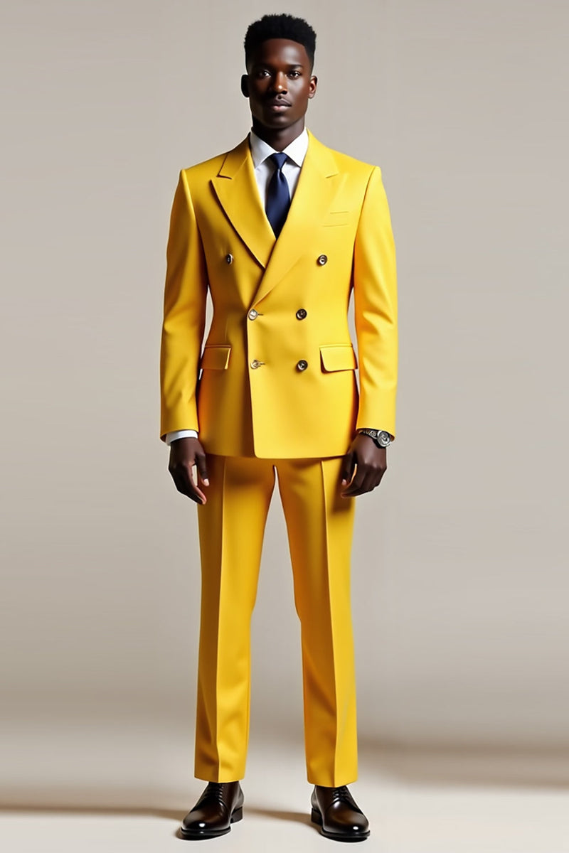 Load image into Gallery viewer, Yellow Peak Lapel Double Breasted Men&#39;s Prom Suits