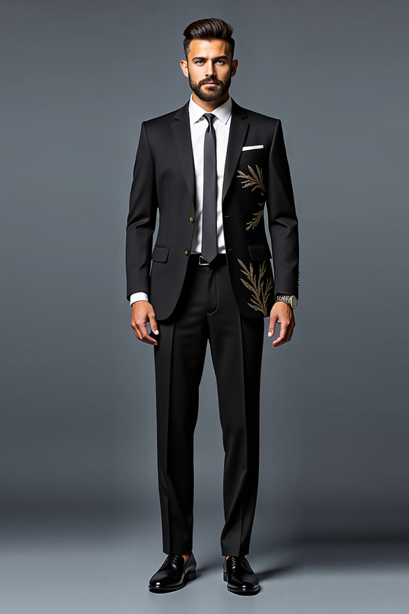 Load image into Gallery viewer, Black Slim Fit 2 Piece Single Breasted Men&#39;s Suit with Gold Embroidery