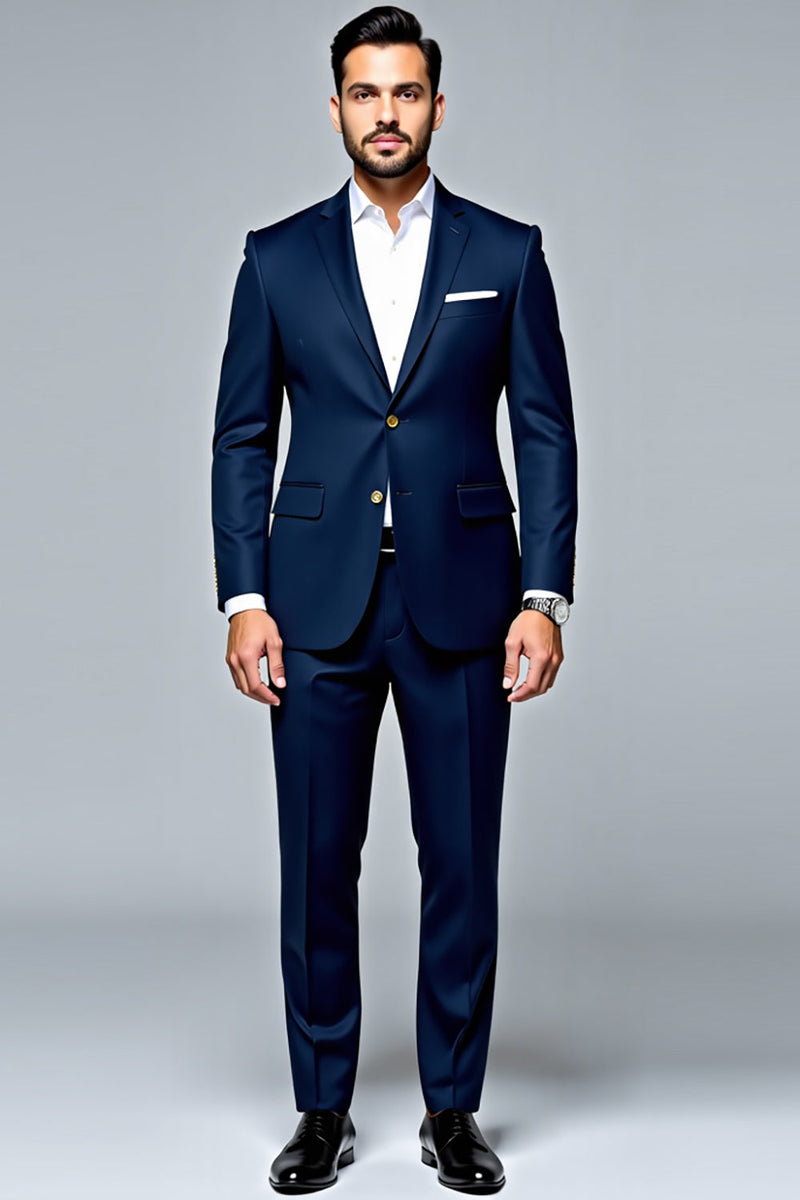 Load image into Gallery viewer, Dark Blue 2-pieces Single Breasted Lapel Slim-fit Men&#39;s Suit