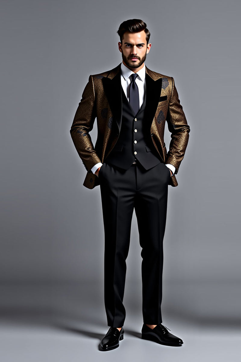 Load image into Gallery viewer, Black Golden Shawl Lapel Printed 3 Pieces Men&#39;s Suits