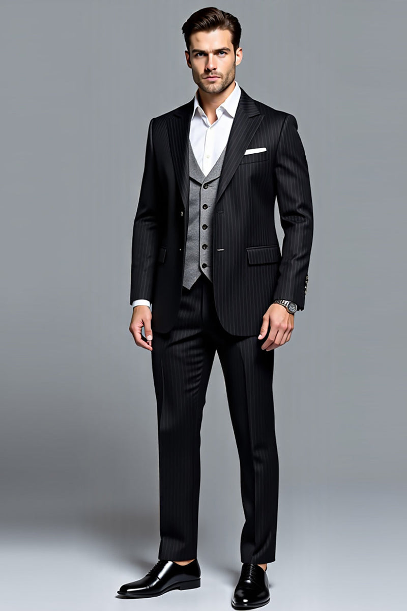 Load image into Gallery viewer, Black Peak Lapel Stripe 3 Pieces Men&#39;s Party Suits