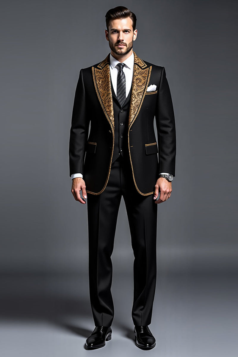 Load image into Gallery viewer, Black Golden Peak Lapel 3 Pieces Men&#39;s Prom Suits