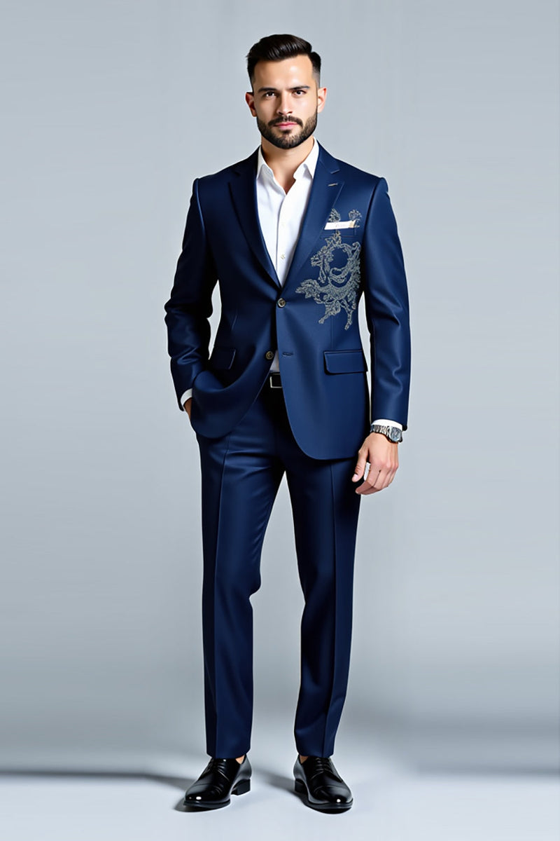 Load image into Gallery viewer, Dark Blue Notched Lapel Embroidery 2 Pieces Men&#39;s Suits