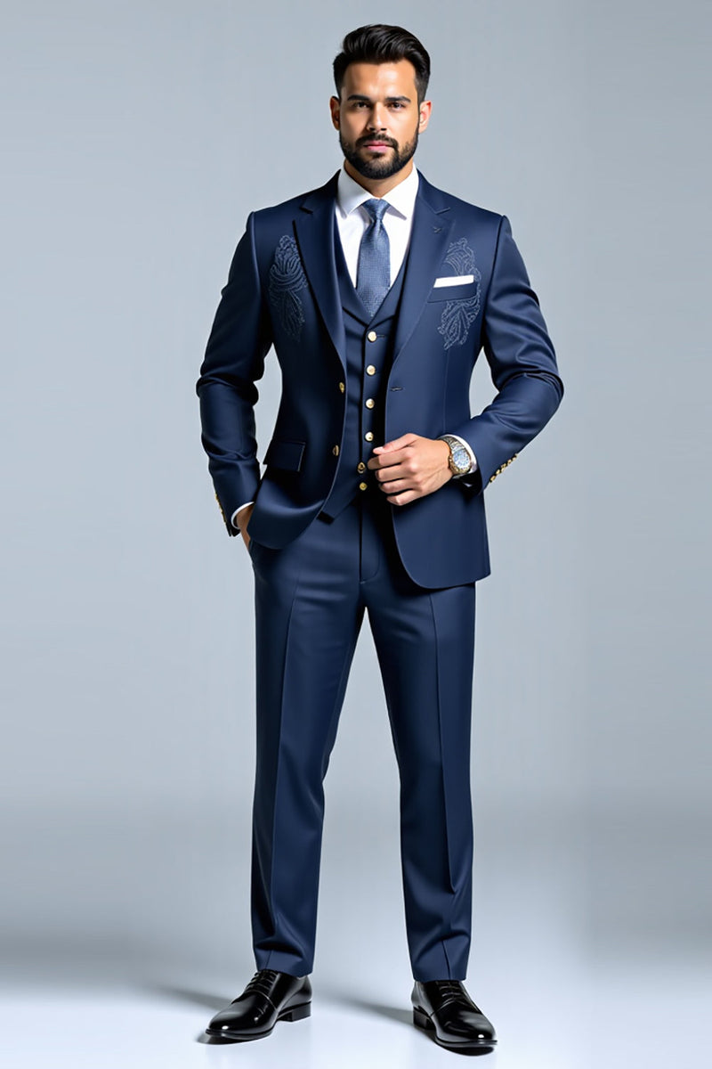 Load image into Gallery viewer, Dark Blue Double Breasted 3 Pieces Notched lapel Men&#39;s Prom Suits