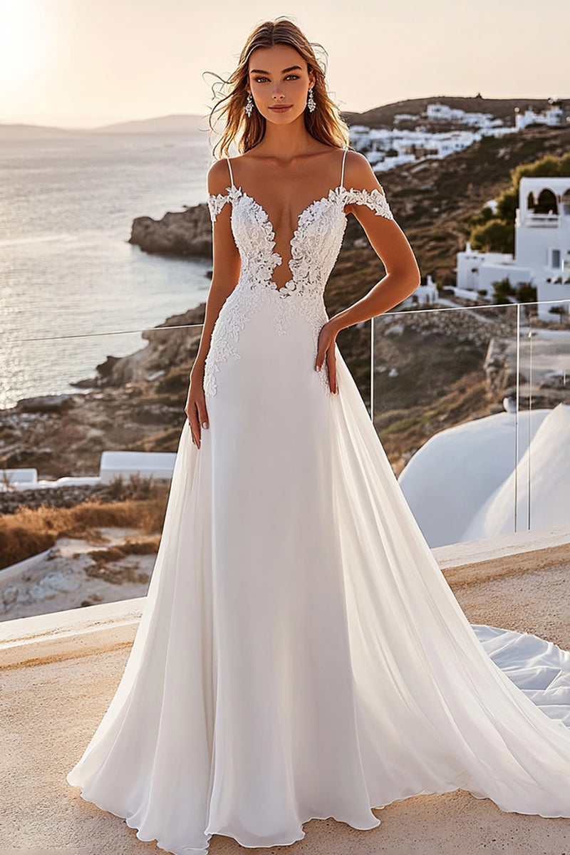 Load image into Gallery viewer, Ivory A-Line Cold Shoulder Laced Chiffon Long Bridal Dress