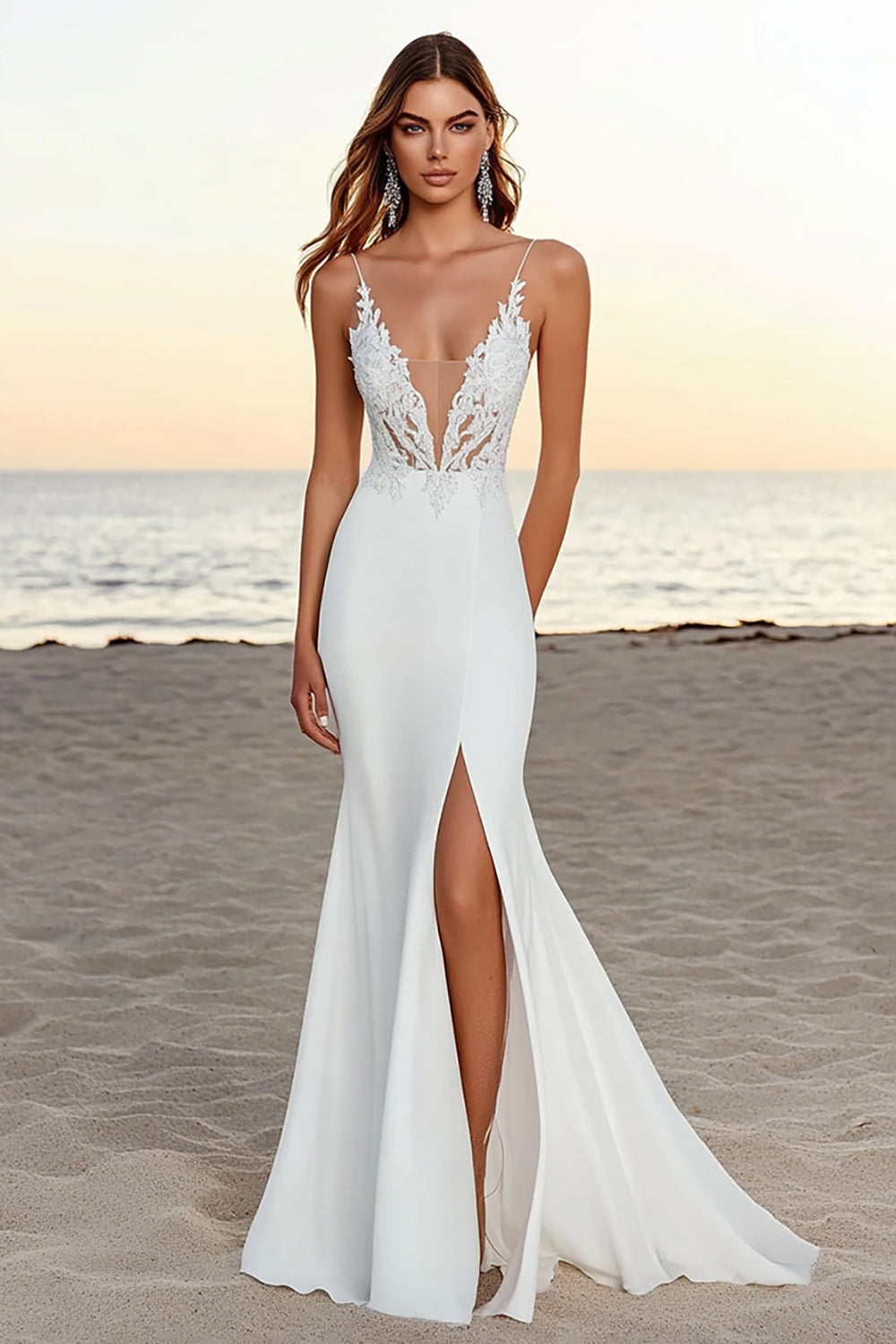 Ivory Mermaid Spaghetti Straps Lace Long Wedding Dress