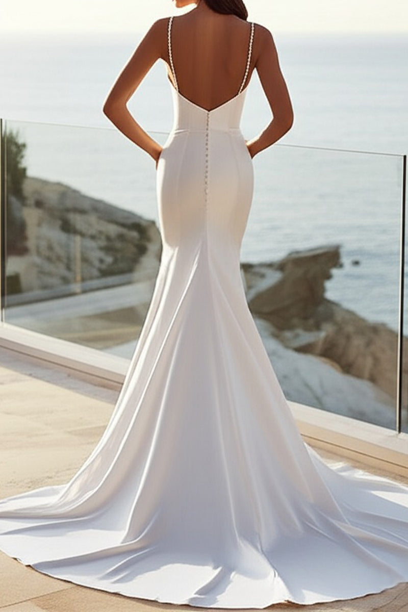 Load image into Gallery viewer, Mermaid Ivory Spaghetti Straps Satin Long Wedding Dress