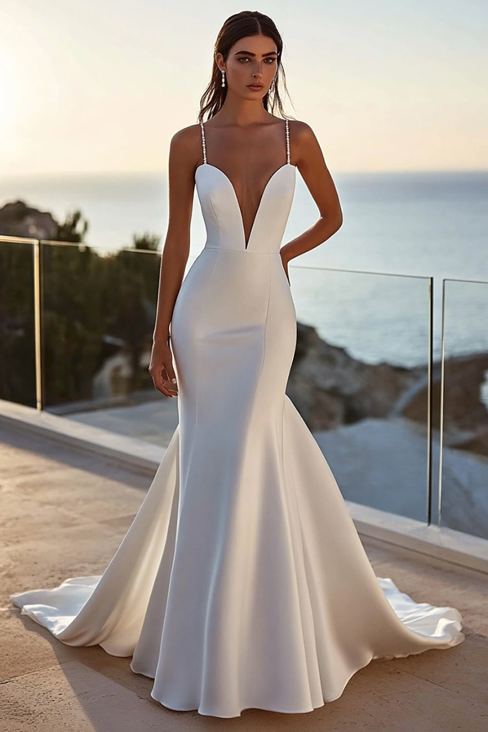 Mermaid Ivory Spaghetti Straps Satin Long Wedding Dress