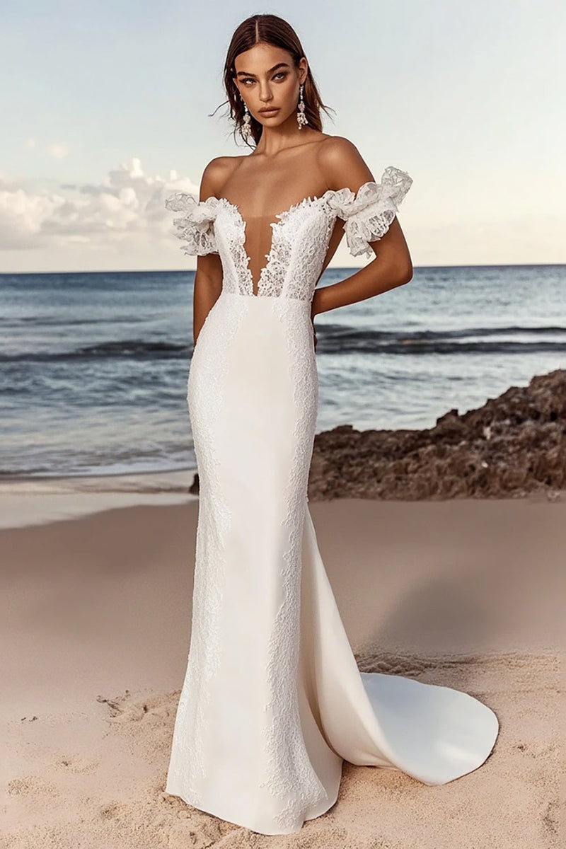 Load image into Gallery viewer, Off The Shoulder Mermaid Lace Ivory Long Wedding Dress