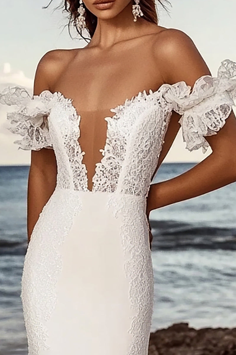 Load image into Gallery viewer, Off The Shoulder Mermaid Lace Ivory Long Wedding Dress
