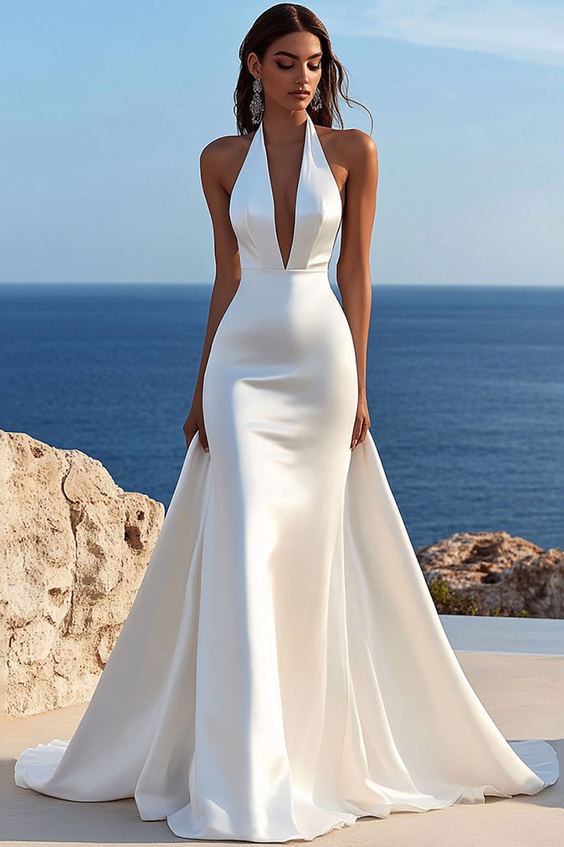 Load image into Gallery viewer, Mermaid Ivory Halter Satin Long Wedding Dress