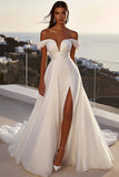 Ivory A Line Off The Shoulder Long Wedding Dress with Slit