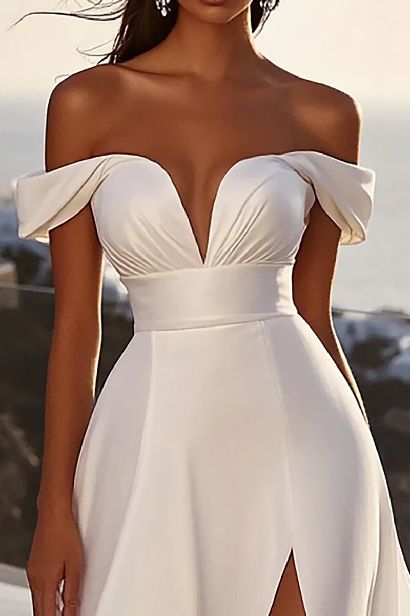 Load image into Gallery viewer, Ivory A Line Off The Shoulder Long Wedding Dress with Slit