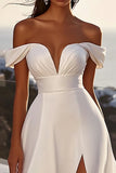 Ivory A Line Off The Shoulder Long Wedding Dress with Slit