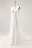 Ivory Mermaid V Neck Satin Long Wedding Dress with Watteau Train