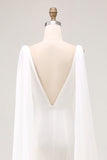 Ivory Mermaid V Neck Satin Long Wedding Dress with Watteau Train