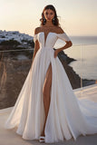 A Line Ivory Off The Shoulder Long Wedding Dress with Slit