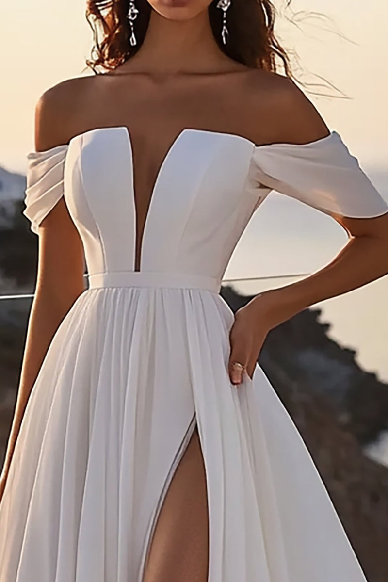 Load image into Gallery viewer, A Line Ivory Off The Shoulder Long Wedding Dress with Slit