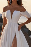 A Line Ivory Off The Shoulder Long Wedding Dress with Slit