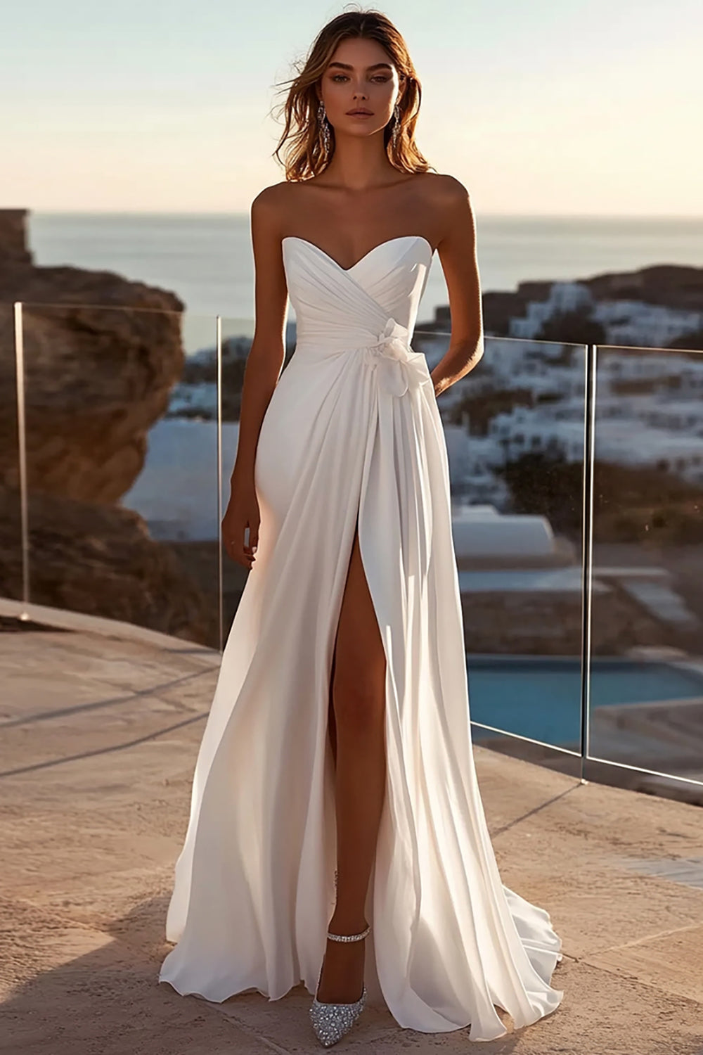 A Line Ivory Strapless Pleated Wedding Dress with Slit