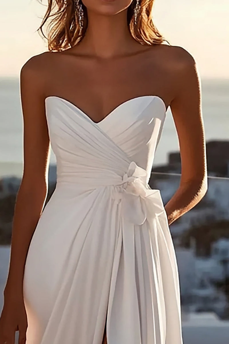 Load image into Gallery viewer, A Line Ivory Strapless Pleated Wedding Dress with Slit