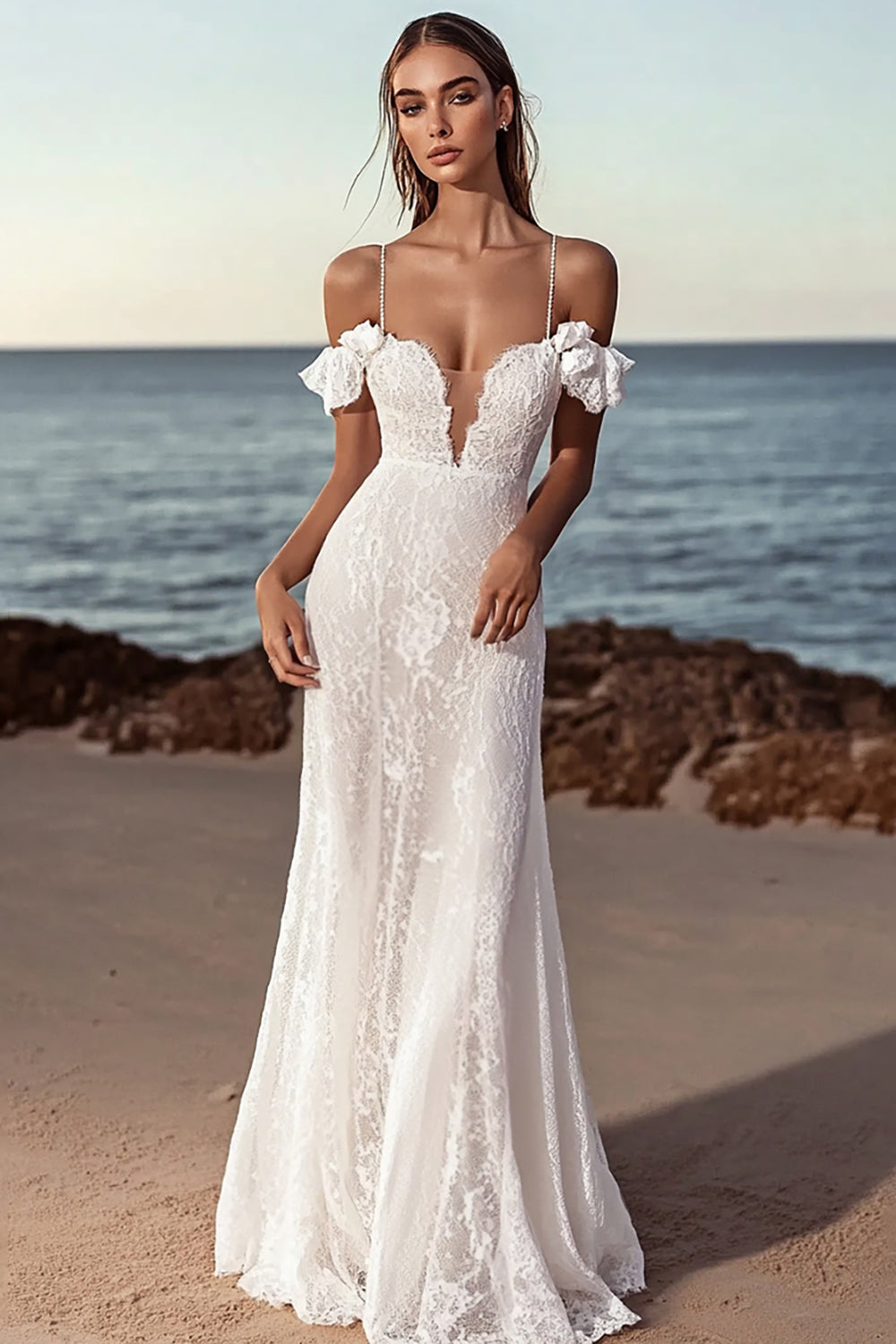 Mermaid Cold Shoulder Ivory Lace Long Wedding Dress