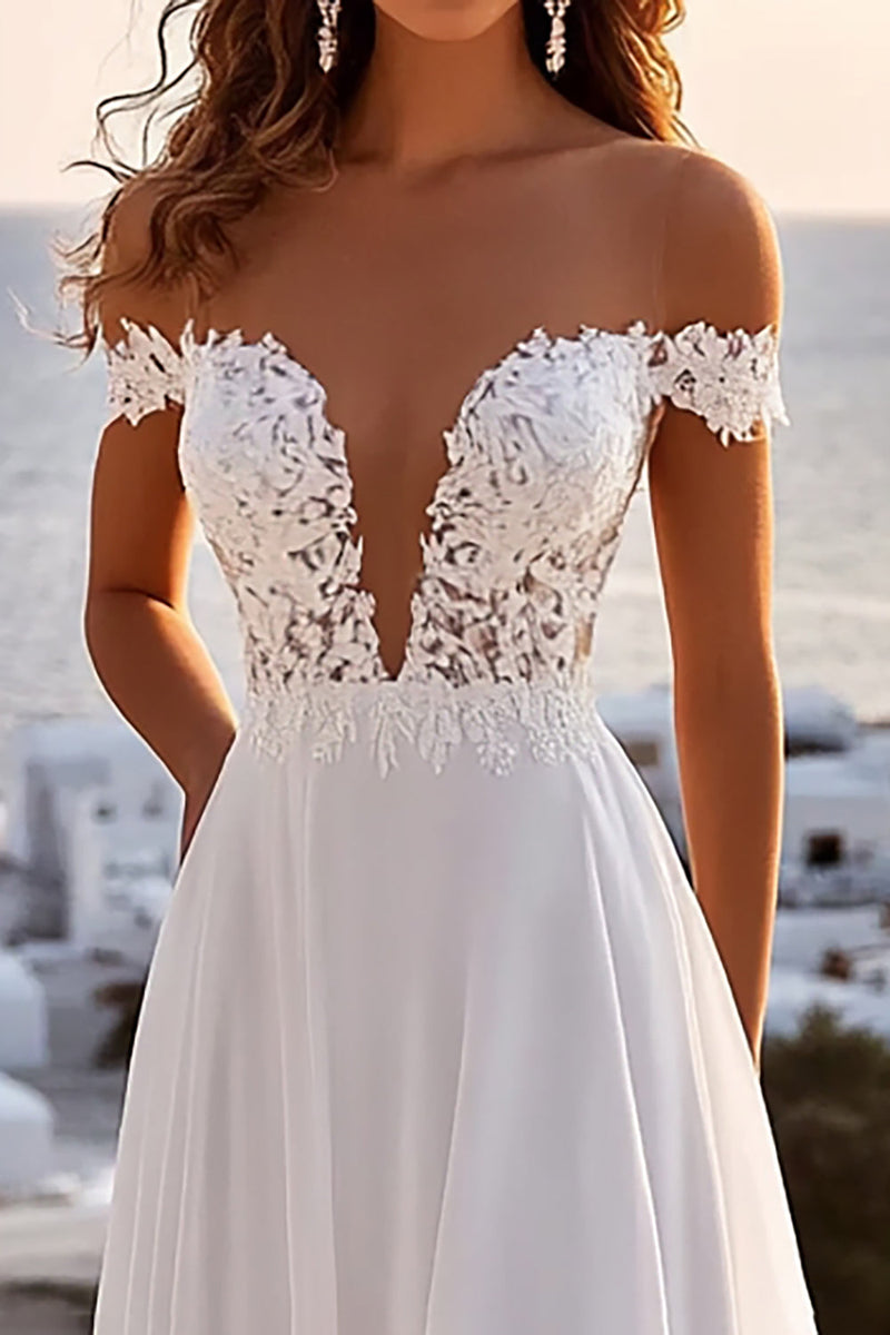 Load image into Gallery viewer, Off The Shoulder A Line Ivory Pleated Wedding Dress
