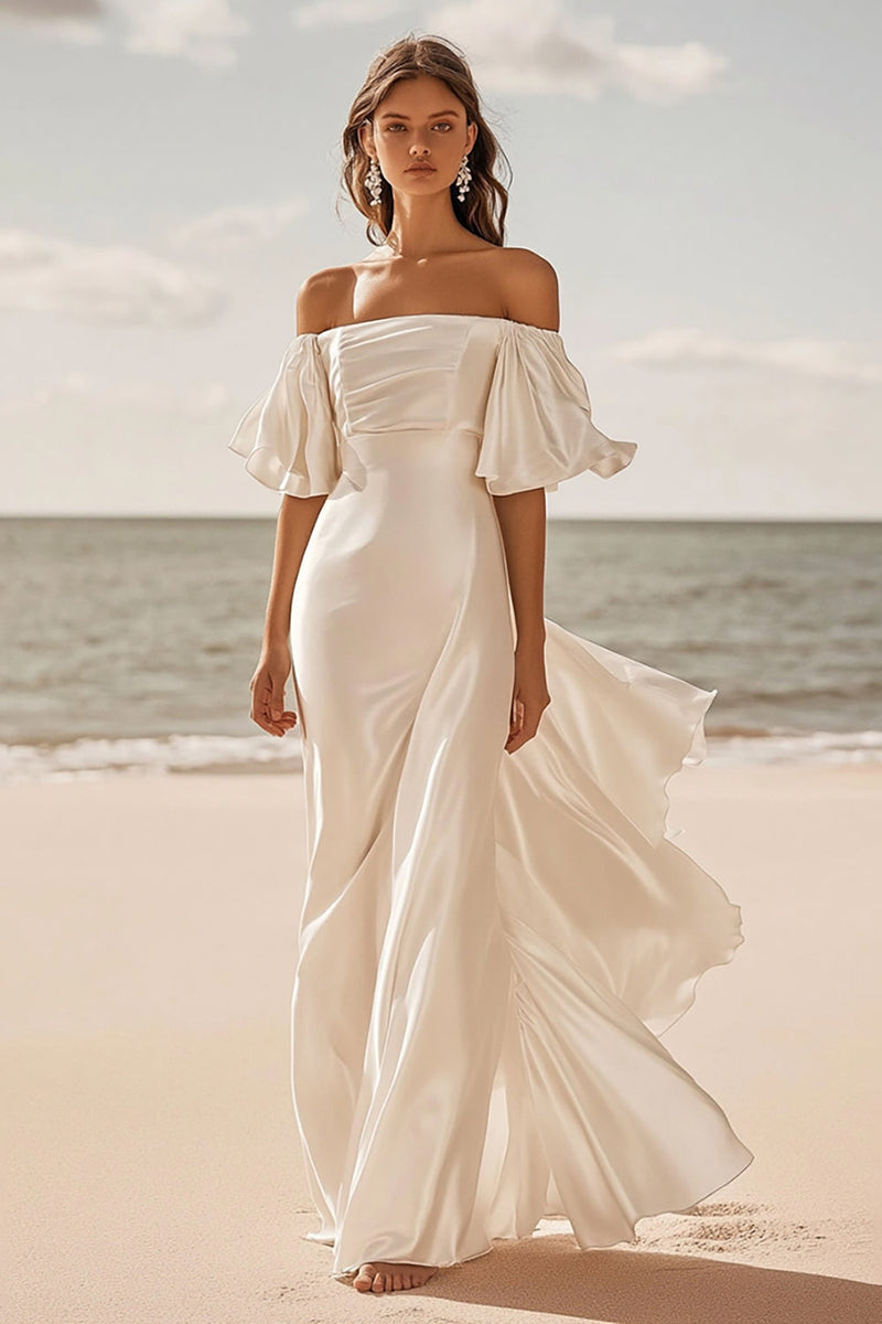 Load image into Gallery viewer, Satin A Line Ivory Off The Shoulder Pleated Wedding Dress