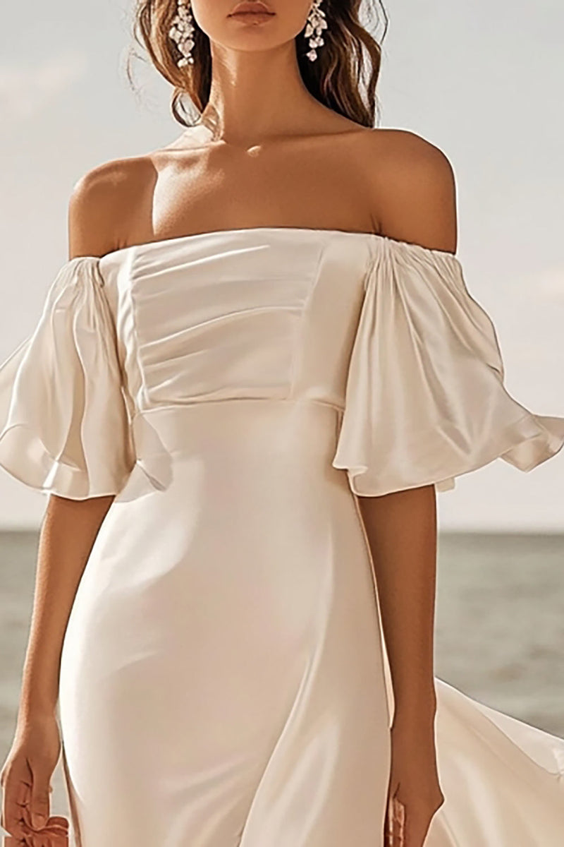 Load image into Gallery viewer, Satin A Line Ivory Off The Shoulder Pleated Wedding Dress