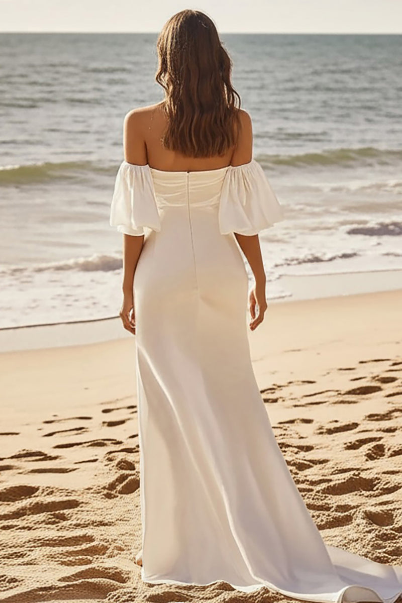 Load image into Gallery viewer, Satin A Line Ivory Off The Shoulder Pleated Wedding Dress