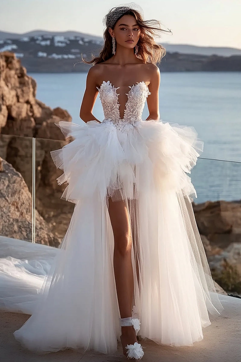 Load image into Gallery viewer, Strapless A Line Ivory Pleated Wedding Dress With Slit
