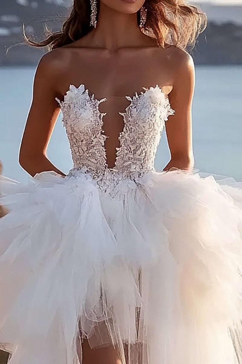 Load image into Gallery viewer, Strapless A Line Ivory Pleated Wedding Dress With Slit