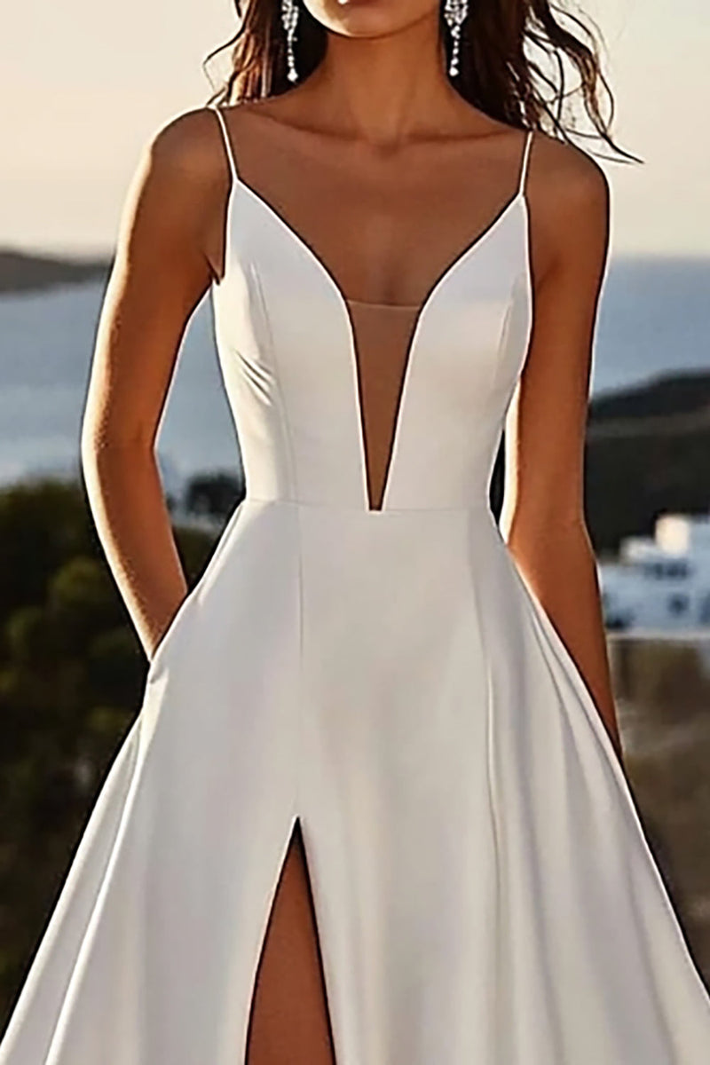 Load image into Gallery viewer, Ivory A Line Spaghetti Straps Long Wedding Dress with Slit