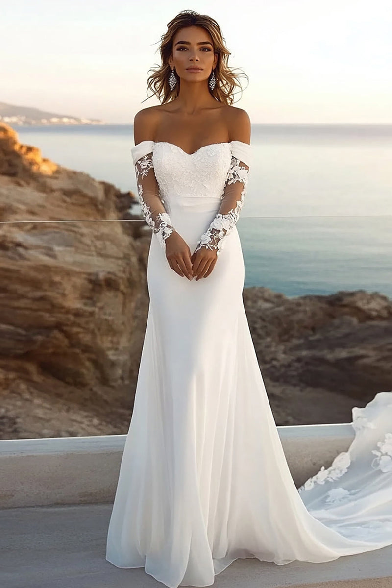 Load image into Gallery viewer, Ivory Off The Shoulder Lace Mermaid Wedding Dress