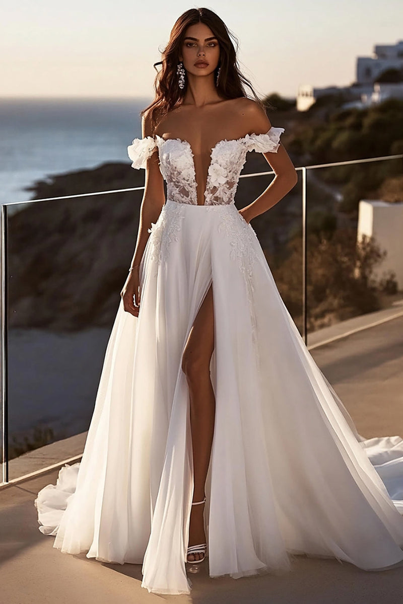 Load image into Gallery viewer, Ivory A Line Off The Shoulder Wedding Dress with Slit
