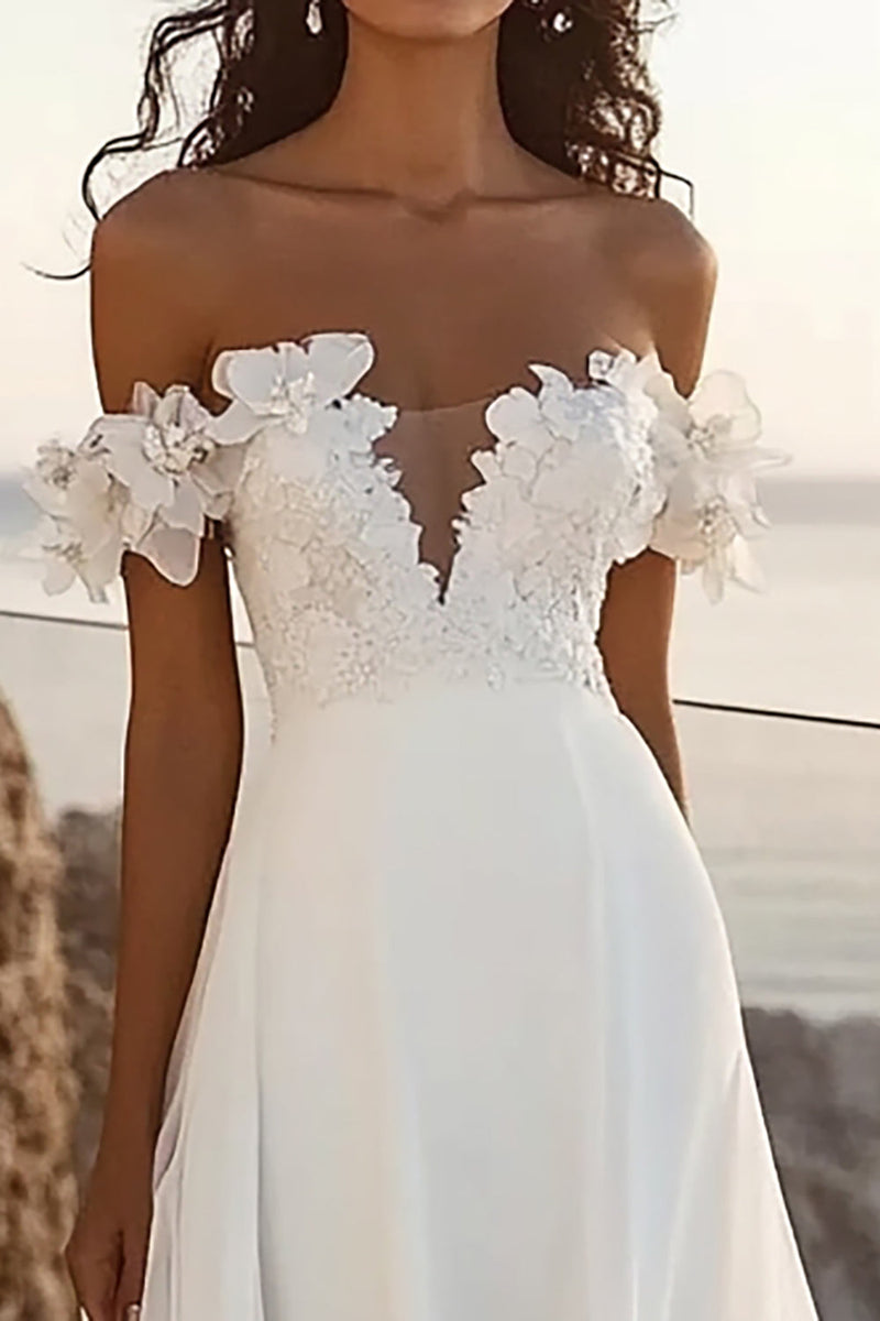Load image into Gallery viewer, Off The Shoulder Ivory A Line Appliqued Long Wedding Dress