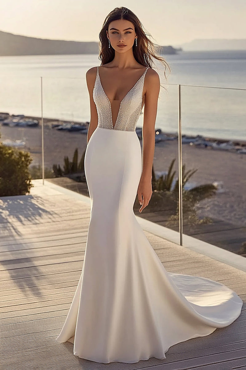 Load image into Gallery viewer, Mermaid Spaghetti Straps Ivory Sequin Long Wedding Dress