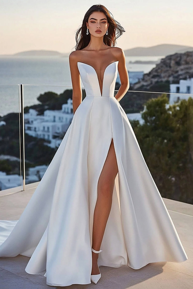 Load image into Gallery viewer, Strapless A Line Ivory Satin Long Wedding Dress