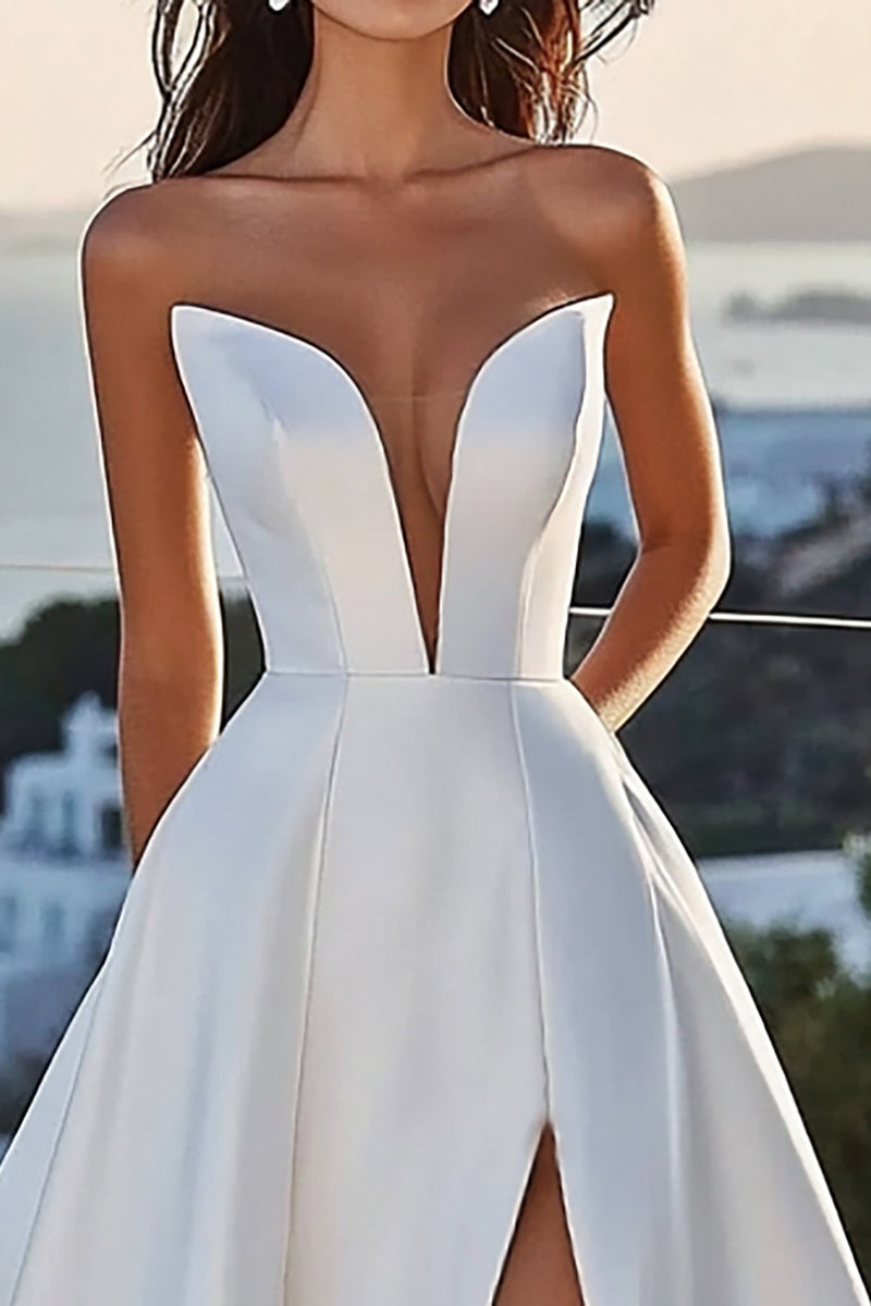 Load image into Gallery viewer, Strapless A Line Ivory Satin Long Wedding Dress