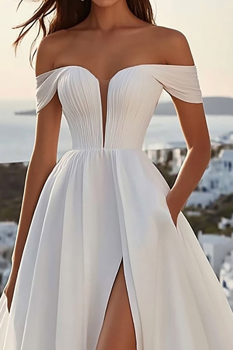 Load image into Gallery viewer, Ivory Off The Shoulder A Line Wedding Dress With Slit