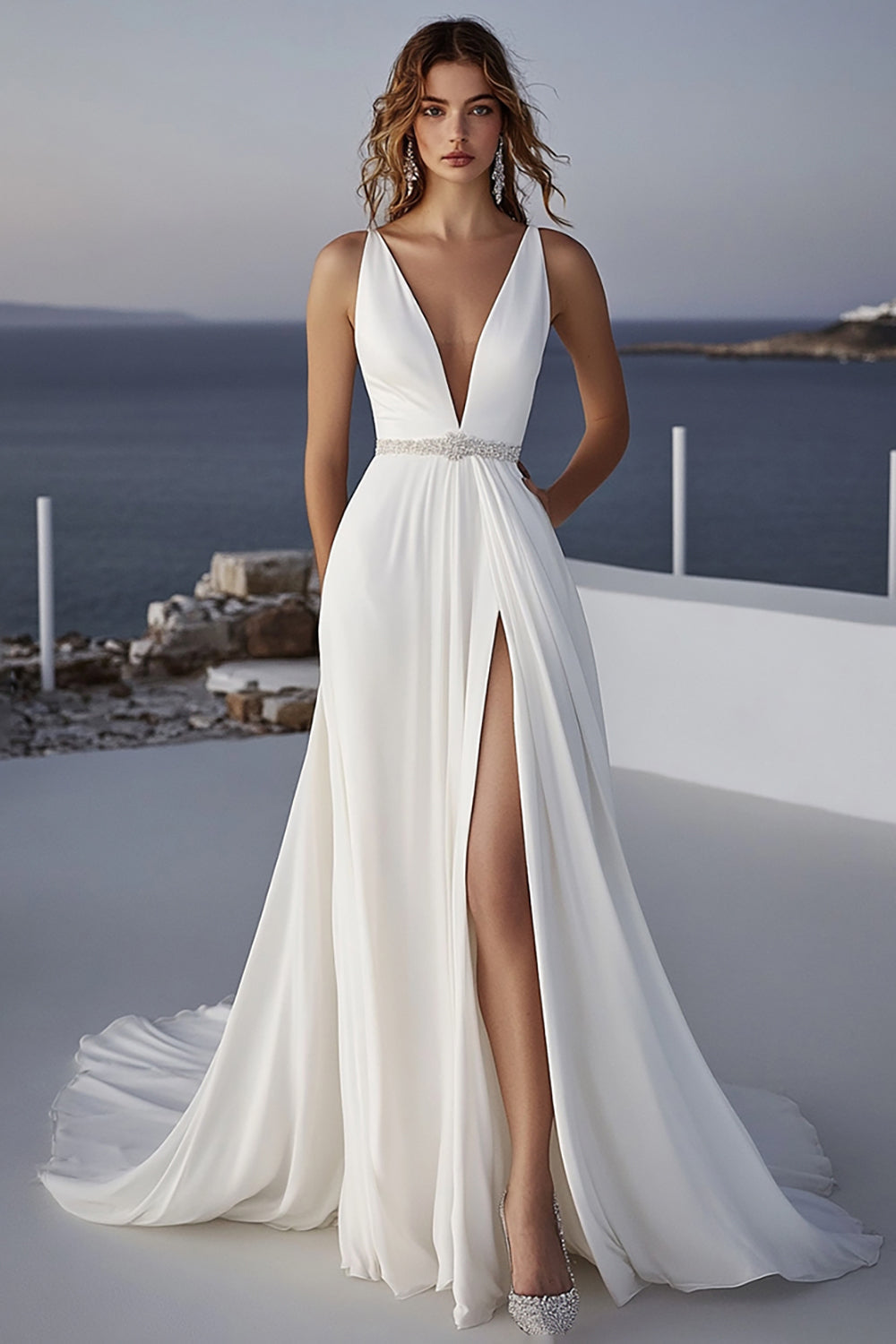 Ivory Ruched Chiffon A Line Wedding Dress With Slit