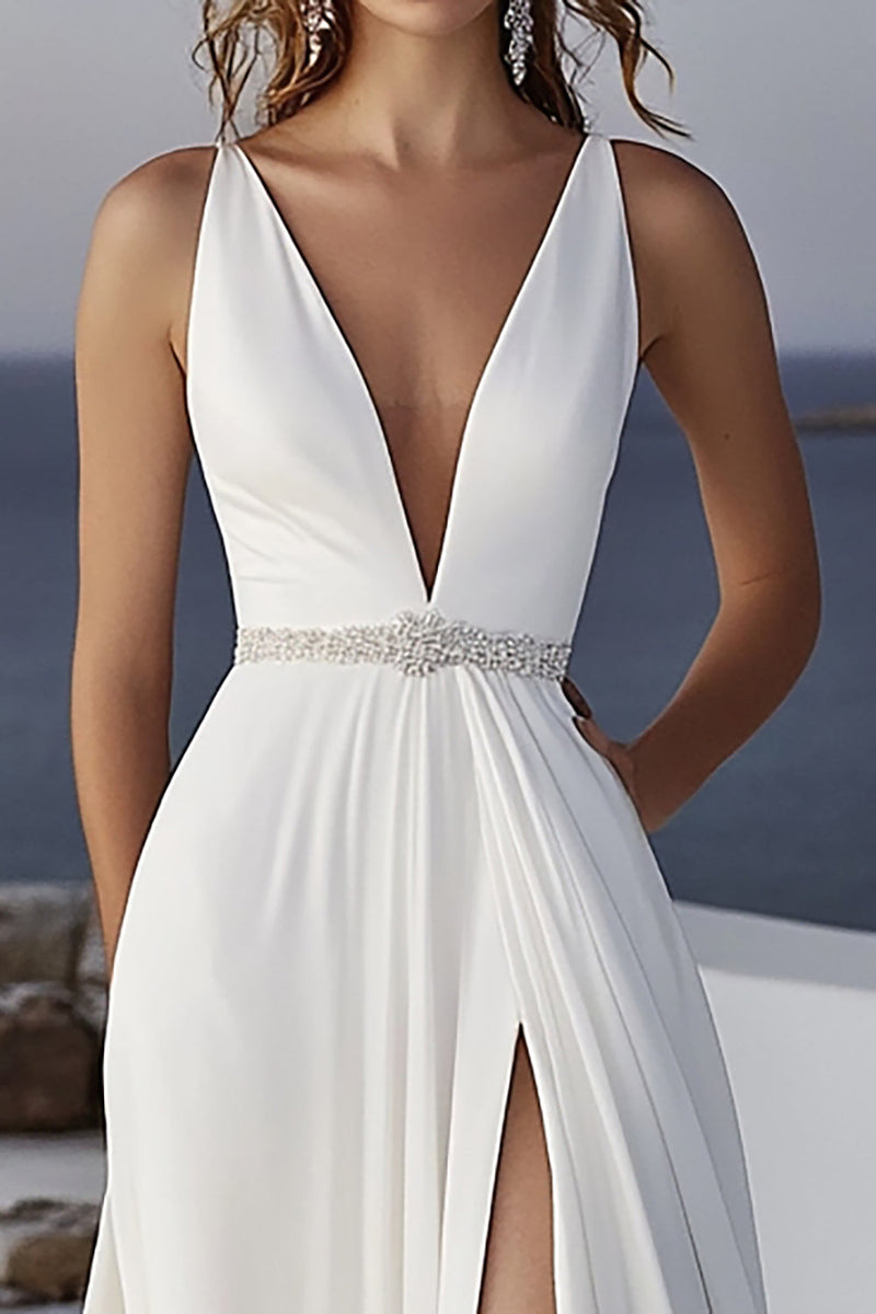 Load image into Gallery viewer, Ivory Ruched Chiffon A Line Wedding Dress With Slit