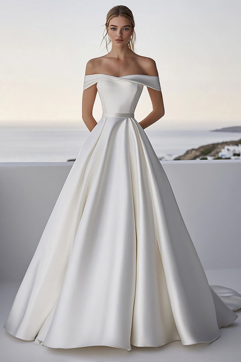 Load image into Gallery viewer, Off The Shoulder A Line Satin Ivory Wedding Dress