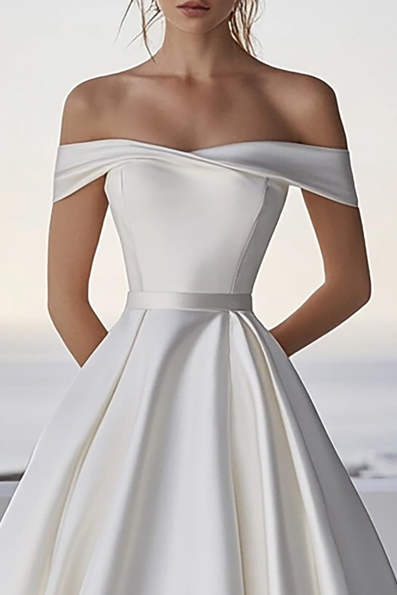 Load image into Gallery viewer, Off The Shoulder A Line Satin Ivory Wedding Dress