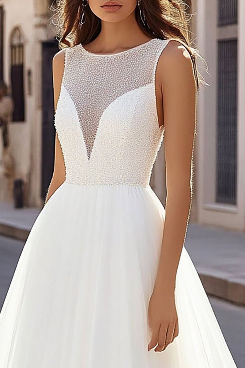 Load image into Gallery viewer, Ivory Tulle Illusion A Line Wedding Dress