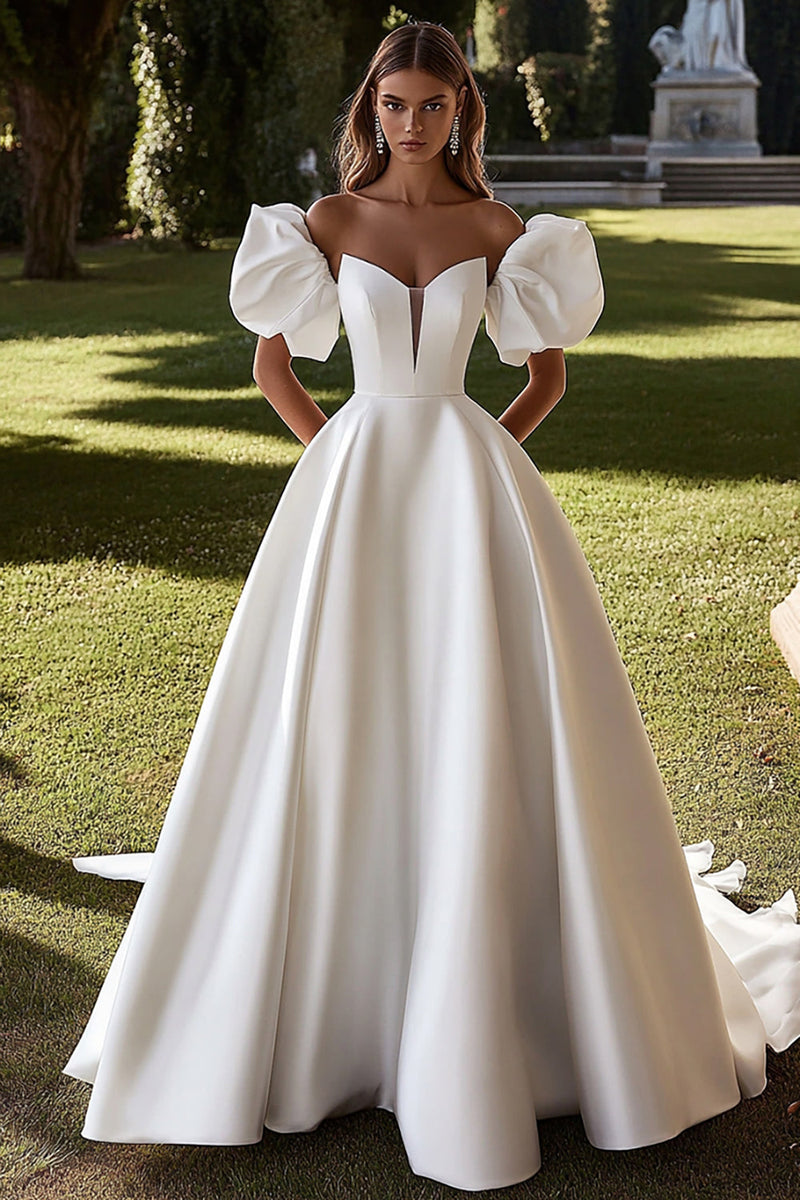 Load image into Gallery viewer, Strapless Ivory Satin Wedding Dress With Puff Sleeves