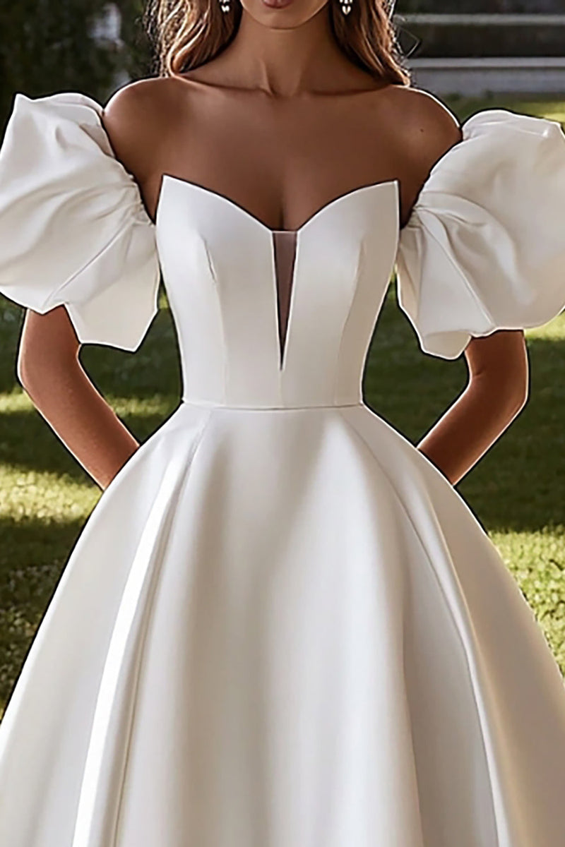 Load image into Gallery viewer, Strapless Ivory Satin Wedding Dress With Puff Sleeves