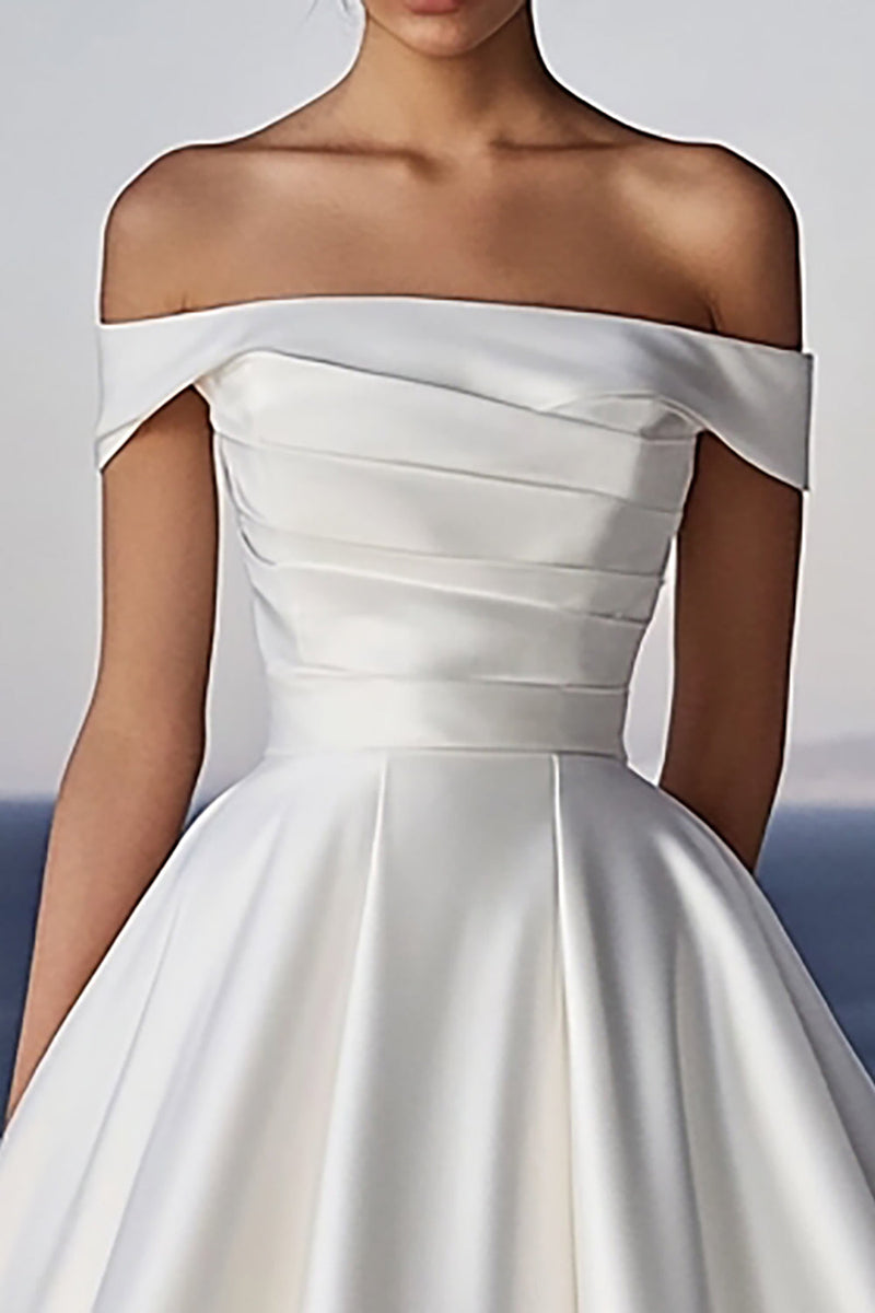 Load image into Gallery viewer, Ivory Off The Shoulder A Line Satin Wedding Dress