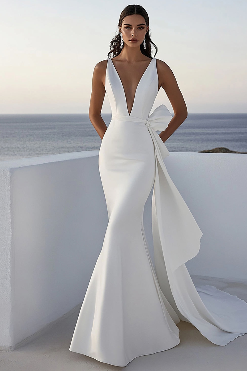 Ivory V Neck Mermaid Wedding Dress With Bow