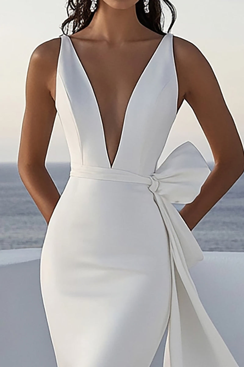 Load image into Gallery viewer, Ivory V Neck Mermaid Wedding Dress With Bow